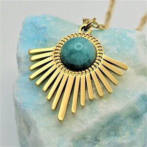 Gold Plated Stainless Steel Necklace Tianhe Stone Jewelry Sunburst Style